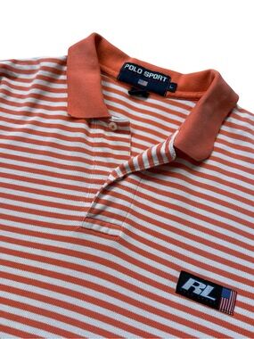 VTG Y2K Polo Sport Ralph Lauren Striped Polo Shirt USA Flag Patch Orange White L